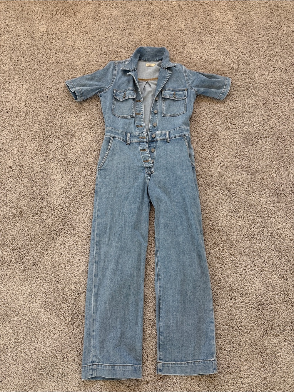 Denim Short-Sleeve Jumpsuit - Light Blue